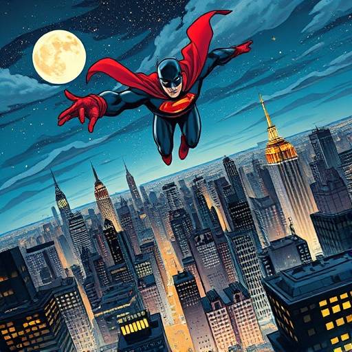 A detailed panel from a comic book showing a superhero flying over a cityscape. The text describes the hero's perspective and emotional state.