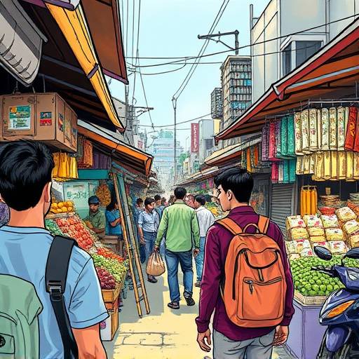 A student comic page depicting a quiet scene in a bustling Mumbai market, showcasing detailed backgrounds and realistic character expressions.
