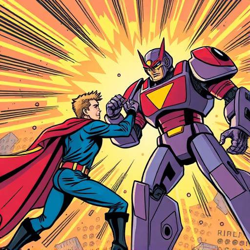 A student comic page featuring a superhero battling a robot, showcasing dynamic action and vibrant colors.