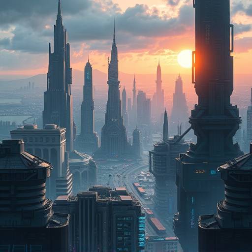 Artwork of sci-fi scene with a futuristic cityscape.